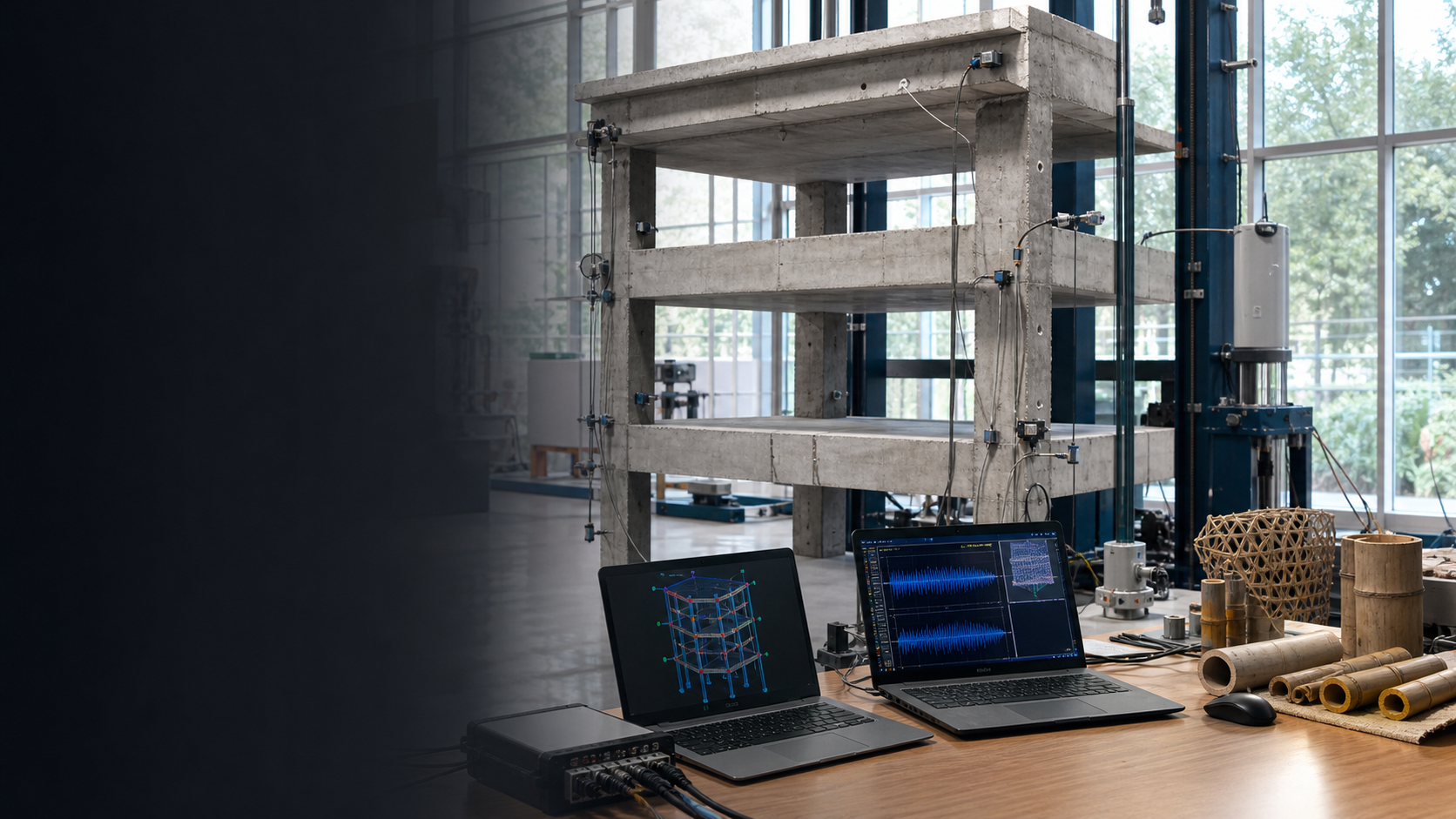 Structural engineering laboratory with an instrumented reinforced concrete frame and bamboo material samples