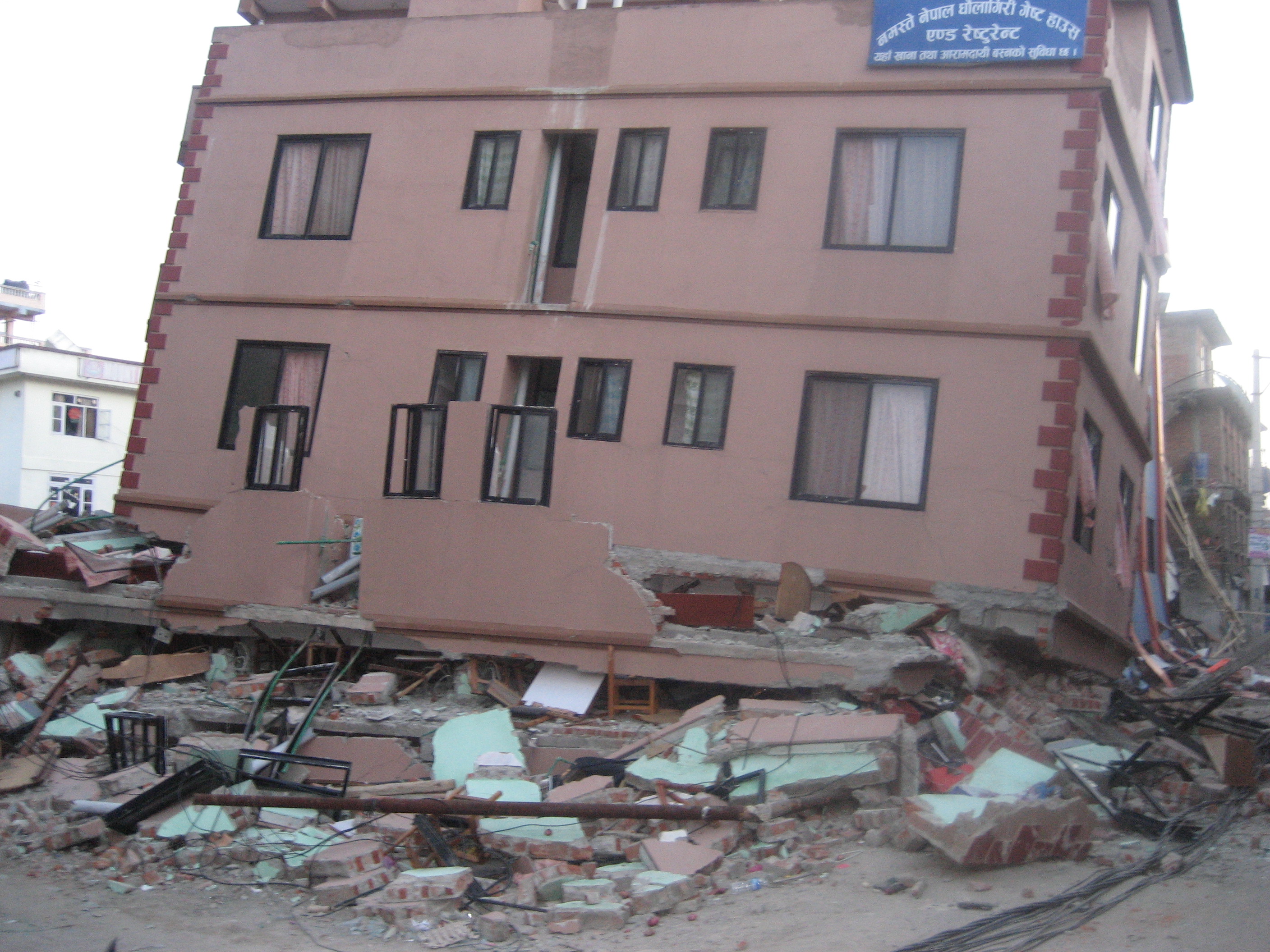 Soft-storey damage in a reinforced concrete frame building